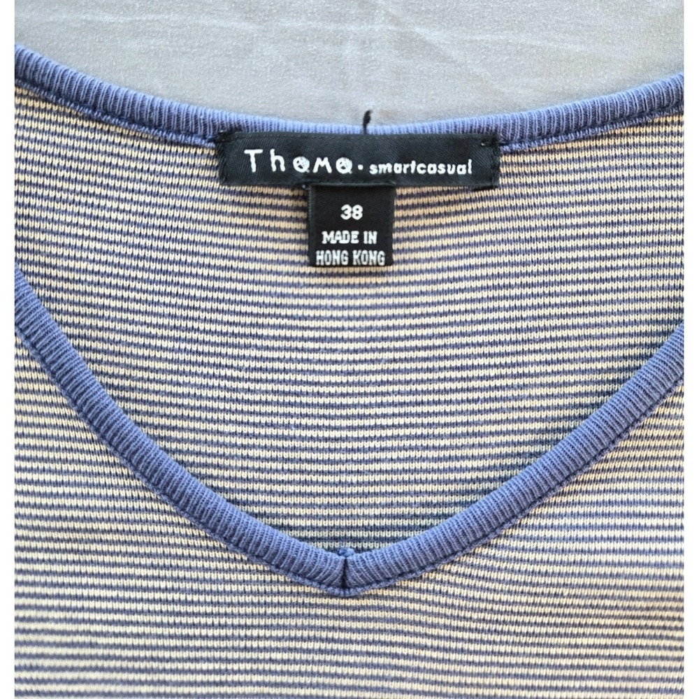 Vtg Theme Striped Top V neck Short Sleeves Minimalist Quiet Luxury Blue Nautical - Picture 7 of 15